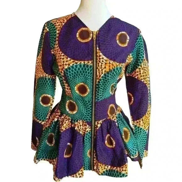 NWT Shenbolen African print dashiki cloth zip up long sleeve peplum blouse S - Picture 4 of 8